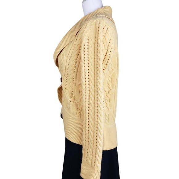 Talbots Lambswool Cable Knit Yellow Cardigan Leather Buckle Sweater MP - Picture 3 of 10